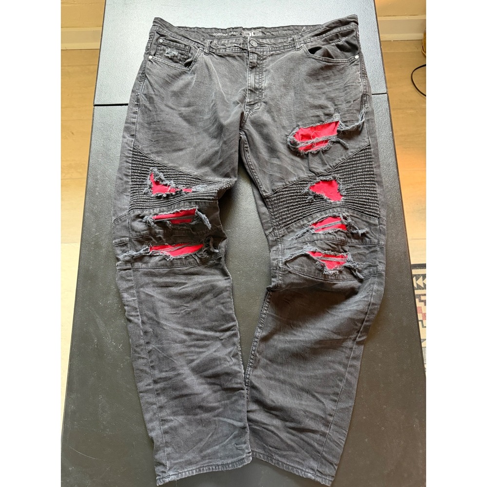 Jordan Craig Legacy Edition Mens 44x32 Moto Jeans Black Distressed Red Underlay